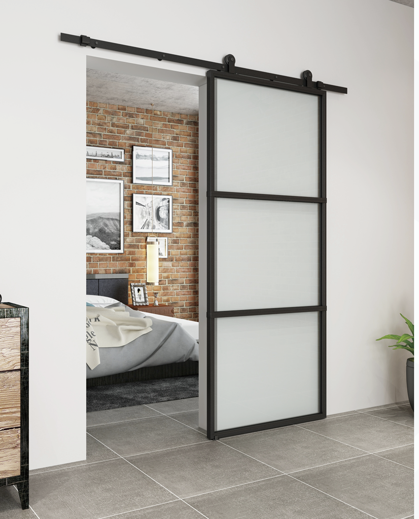 Zwarte schuifdeur met matglas voor een slaapkamer