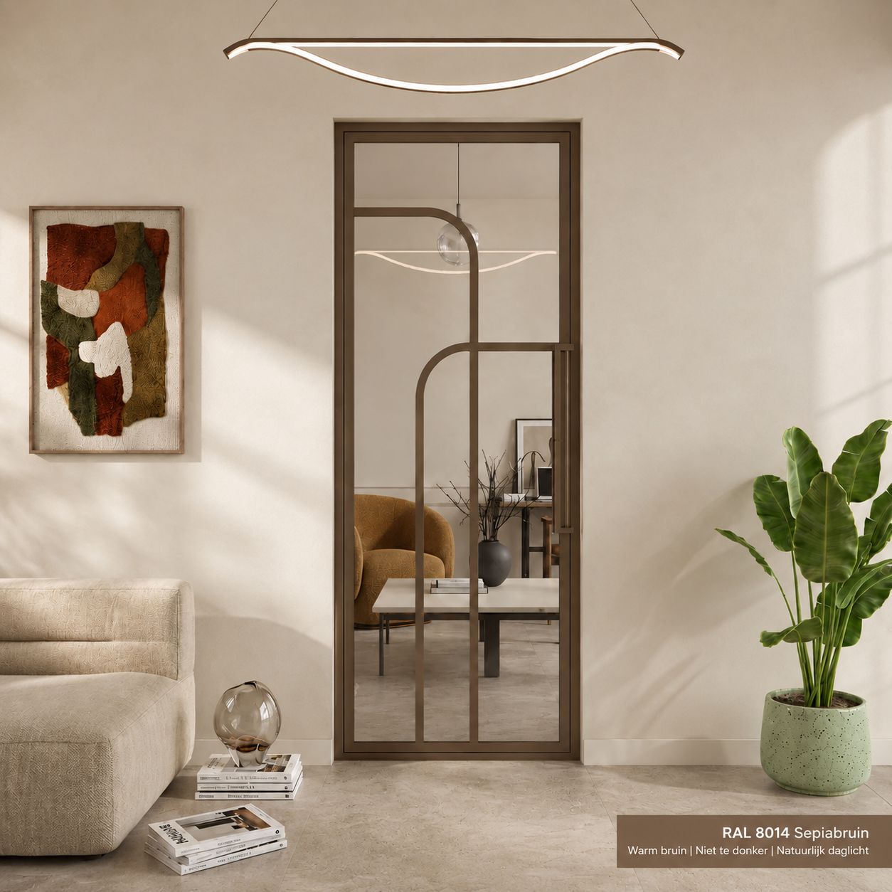 Bronzen taatsdeur met ronde lijnen — RAL 8014 Sepiabruin