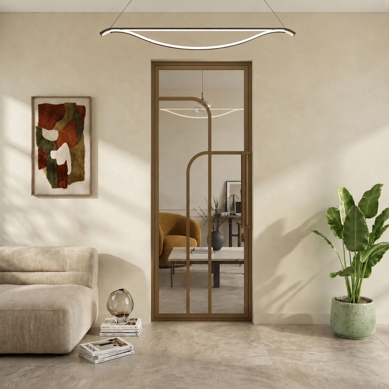 Warm beige interieur met bronzen pivot deur