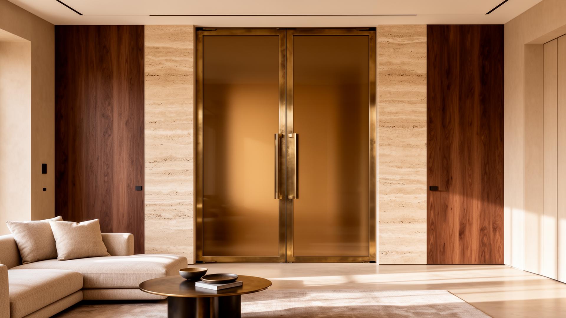 Warm beige interieur met bronzen taatsdeur, travertin en walnoot